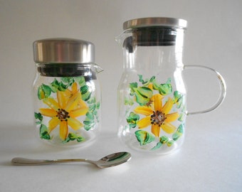 Sunflowers Creamer Sugar Jar w Spoon Lids Sunflowers Pitcher Hand Painted Hand Made Clear Glass Sunflowers Kitchen Kitchen Jars