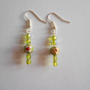 Green Beads Earrings Cloisonne Earrings Czech Glass Beads Pink Flowers Green Earrings  Pierced Earrings Dangle Earrings Enamel Beads