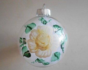 Hand Painted Yellow Rose Glass Ball Christmas Ornament, 3.25 Inches