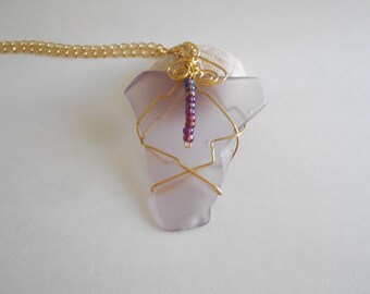 Purple Desert Glass Pendant Necklace, Gold Tone Wire Wrapped