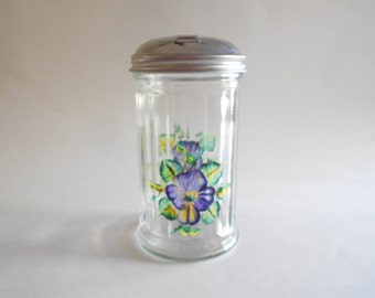 Purple Pansies Sugar Pourer Hand Painted Bottle Sugar Dispenser Clear Glass Sugar Jar Pansy Kitchen Hand Painted Pansies