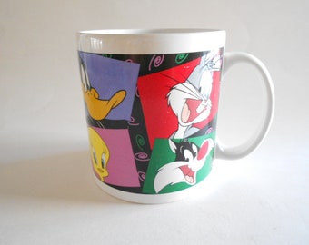 Vintage Looney Tunes Porcelain Mug, 1998:  Bugs, Daffy, Tweety, Sylvester