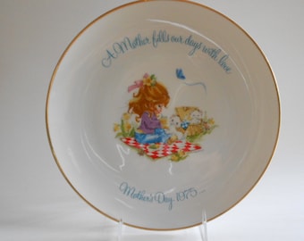 Vintage 1975 Mother's Day Porcelain Plate:  Girl's Picnic with Pets