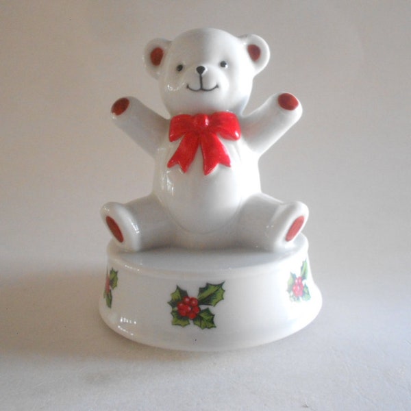 Teddy Bear Music Box Teddy Bear Figurine Bear Music Box Vintage White Porcelain Christmas Decor Ron Gordon Designs Japan Holly Leaves