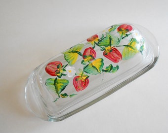 Strawberries Butter Dish Butter Container Hand Painted Dish Clear Glass 2 Piece Strawberry Kitchen Butter Server Butter Plate
