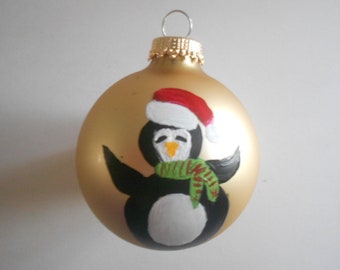 Penguin Glass Ball Penguin Painted Ball Gold Glass Ball Handpainted Ornament 2-1/2 Inches Christmas Ball Home Decor Christmas Ornament