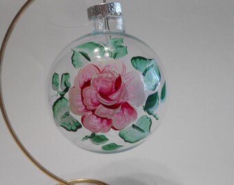 Hand Painted Red Rose Glass Ornament:  Clear Glass Ball, 3"
