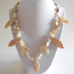 Beige Shell Necklace:  Mother of Pearl & Leaf Beads, 27&quot;