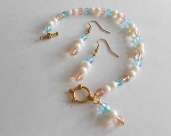 Pink and Blue Bead Jewelry Set:  White Glass Pearls, Bracelet & Earrings