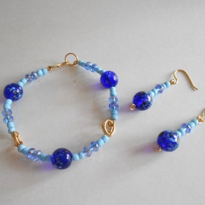Jewelry Set Blue Beads Bracelet Blue Beads Earrings Blue Glass Beads Blue China Crystals Wired Bracelet Hand Wired