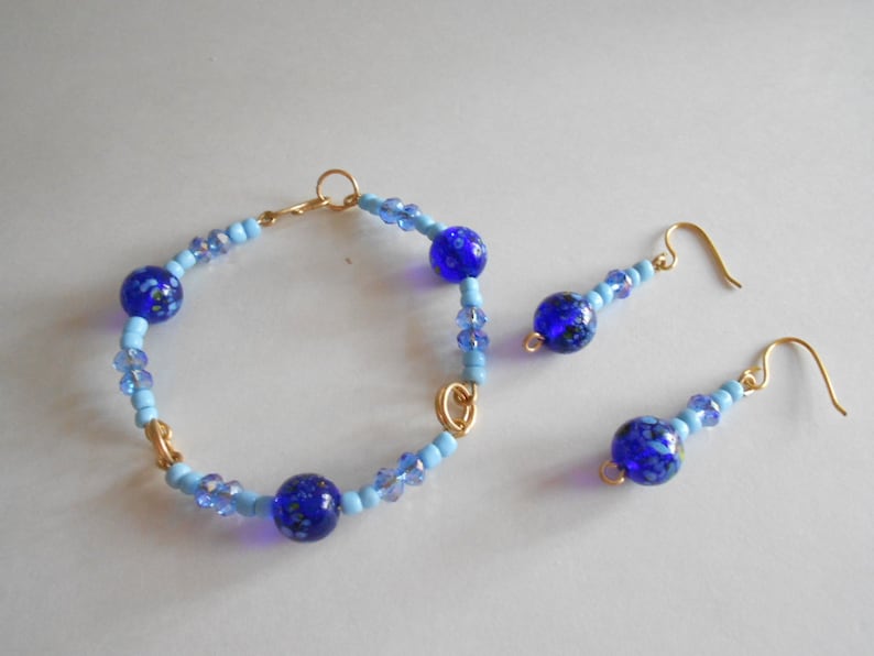 Jewelry Set Blue Beads Bracelet Blue Beads Earrings Blue Glass Beads Blue China Crystals Wired Bracelet Hand Wired