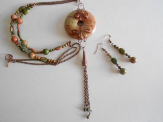 Wire Wrapped Jewelry Set: Unakite Beads and Donut Pendant