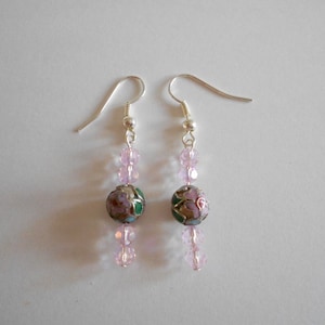 Green Cloisonne Earrings:  Pink Czech Beads
