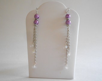 Purple Bead Earrings Purple Glass Pearls Fine Clear Crystal Beads Silver Tone Chain Long Earrings Pierced Earrings Purple Earrings