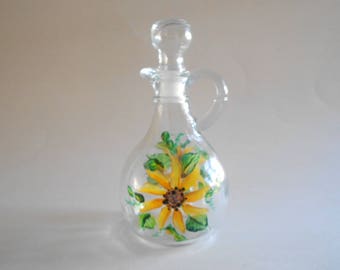 Hand Painted Sunflower Glass Vinegar Cruet:  Kitchen Oil Dispenser