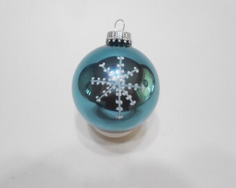 Hand Painted Snowflake Blue Glass Christmas Ornament, 2.5 Inches