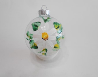 Hand Painted White Daisy Glass Ball Ornament, 2.5 Inches