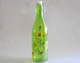 Sunflowers Olive Oil Bottle Olive Oil Dispenser Vinegar Bottle Sauce Bottle Beverage Bottle Green Glass Wired Top Hand Painted Bottle