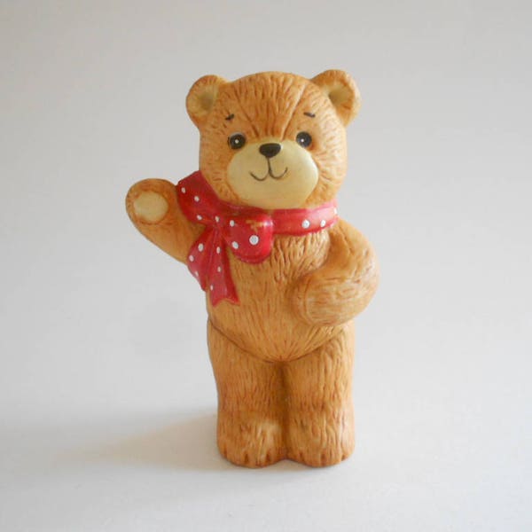 Bear Figurine Bear Statue Waving Hand Bear Red Bow Tie Vintage 1979  Rigglets Enesco Imports Lucy Rigg Porcelain Figurine