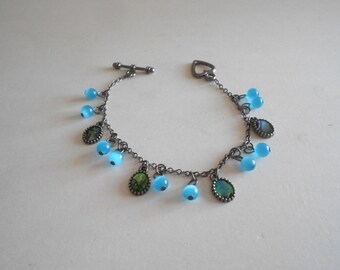 Cats Eye Bracelet Abalone Shell Charms Blue Bracelet Chain Bracelet Charm Bracelet Blue Glass Beads Toggle Clasp Womens Bracelet