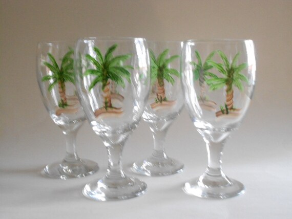 Hand Painted Palm Trees Glasses:  Tropical Barware, Set of 4