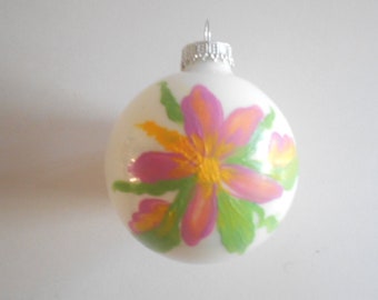Hand Painted Hibiscus Christmas Ornament, Pink Floral Glass Ball, 2.5"