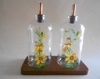 Sunflowers Oil and Vinegar Cruet Set with Wooden Tray Hand Painted Bottles Brown Wooden Tray Sunflowers Kitchen Clear Glass Bottles 3 Pieces