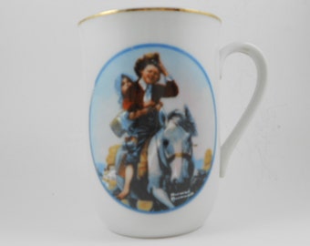 Vintage Norman Rockwell Porcelain Mug:  Boy & Girl on Horse, 1980s, Japan