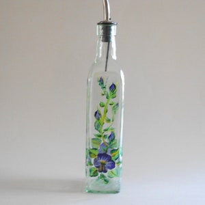 Purple Pansies Olive Oil Bottle Olive Oil Jar Olive Oil Dispenser Vinegar Bottle Pansy Kitchen Green Glass Tall Size Pansies Kitchen