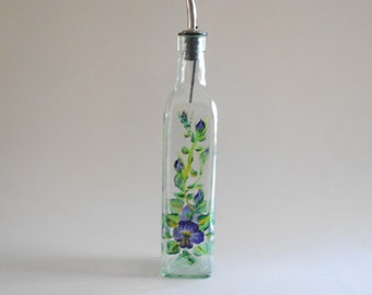 Purple Pansies Olive Oil Bottle Olive Oil Jar Olive Oil Dispenser Vinegar Bottle Pansy Kitchen Green Glass Tall Size Pansies Kitchen