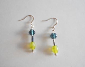 Blue & Lime Green Glass Bead Dangle Earrings, Pierced
