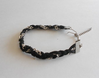 Braided Black Faux Suede Bracelet with Silver Tone Chain