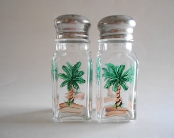 Palm Trees Salt Pepper Shakers Spice Shakers Glass Shakers Glass Jars Hand Painted Shakers Clear Glass Square Size Palm Trees Kitchen