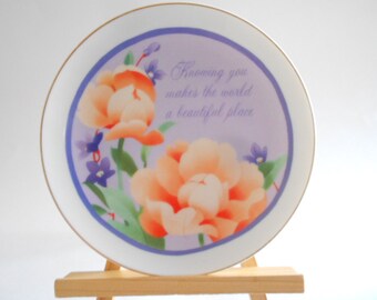 Vintage Porcelain Plate, Peach Flowers, Knowing You, Gold Trim, 1983 Japan