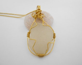 White Sea Glass Pendant Necklace, Wire Wrapped Ocean Glass
