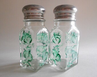 Ivy Leaves Salt Pepper Shakers Spices Shakers Salt Pepper Jars Ivy Kitchen Hand Painted Shakers Ivy Leaves Shakers Clear Glass Square Size