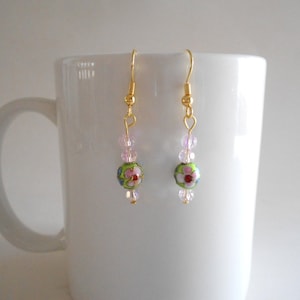 Green Round Earrings Cloisonne Earrings Green Earrings Pink Flowers Pink Czech Beads Metal Beads Enamel Beads Pierced Earrings