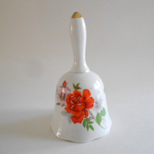 Orange Rose Bell Vintage Bell White Porcelain Bell Pink Flowers Floral Bell Collectible Bell Home Decor Dinner Bell CHIPPED