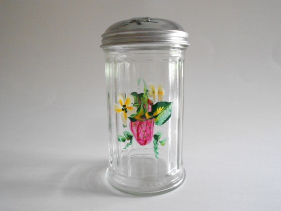 Hand Painted Strawberries Sugar Pourer:  Clear Glass Kitchen Dispenser