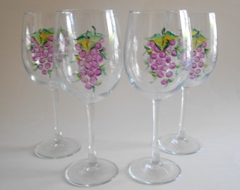Hand Painted Pure Magenta Grapes Wine Glasses, Set of 4