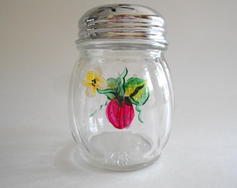 Strawberries Cheese Shaker Cheese Bottle Cheese Jar Cheese Dispenser Hand Painted Shaker Clear Glass Strawberry Kitchen