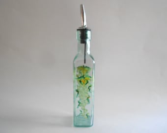 Hand Painted Green Grapes Olive Oil Dispenser, Medium Green Glass Bottle