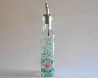 Pink Roses Olive Oil Bottle Olive Oil Dispenser Olive Oil Jar Soap Dispenser Vinegar Jar Hand Painted Medium Size Green Glass Roses Kitchen