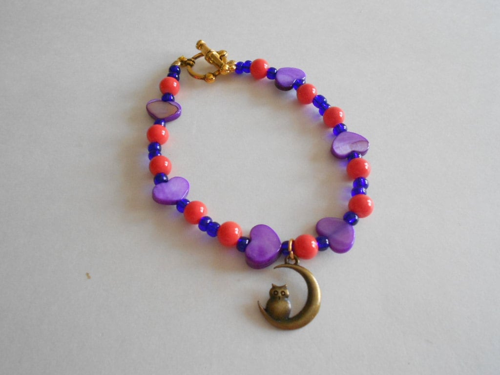 Owl on Moon Charm Bracelet:  Purple Shell Heart & Orange Glass Beads