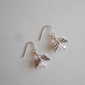 Pink Angel Earrings Silver Tone Wings Pink Glass Beads Pink Earrings Angel Earrings Beaded Earrings Pierced Earrings Dangle Earrings