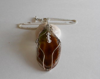 Brown Agate Pendant Brown Agate Slice Wire Wrapped Agate Wire Wrapped Pendant Chain Necklace Brown Pendant Brown Agate Silver Tone Chain