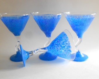 Hand Painted Blue Martini Glasses:  Set of 4, Z Stem Cocktail Stemware