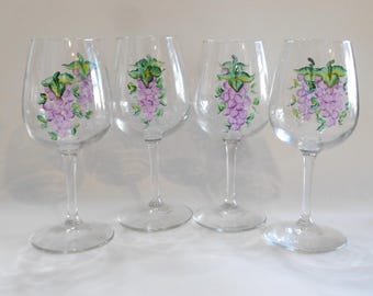 Hand Painted Purple Grapes Wine Glasses, Set of 4