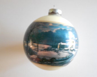 Currier Ives Ball Glass Ball Vintage 1973 Evening American Winter Scenes Christmas Ornament White Glass Ball