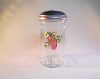 Hand Painted Strawberries Sugar Pourer:  Clear Glass Kitchen Dispenser